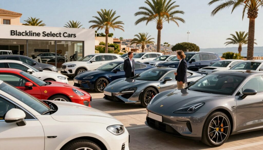 A modern car dealership in Mallorca showcasing various vehicle types from "Blackline Select Cars". In the foreground, a pristine array of cars including sedans, SUVs, and convertibles, polished to shine under the warm Mediterranean sunlight. In the middle, a professional sales representative dressed in business attire stands confidently beside a sleek sports car, engaging with a potential customer. The background features palm trees and a bright blue sky, typical of Mallorca's coastal landscape. Soft, natural lighting highlights the vibrant colors of the vehicles, giving the scene an inviting atmosphere. The angle is slightly elevated, capturing the dynamic essence of a bustling car showroom while ensuring the focus remains on the vehicles.