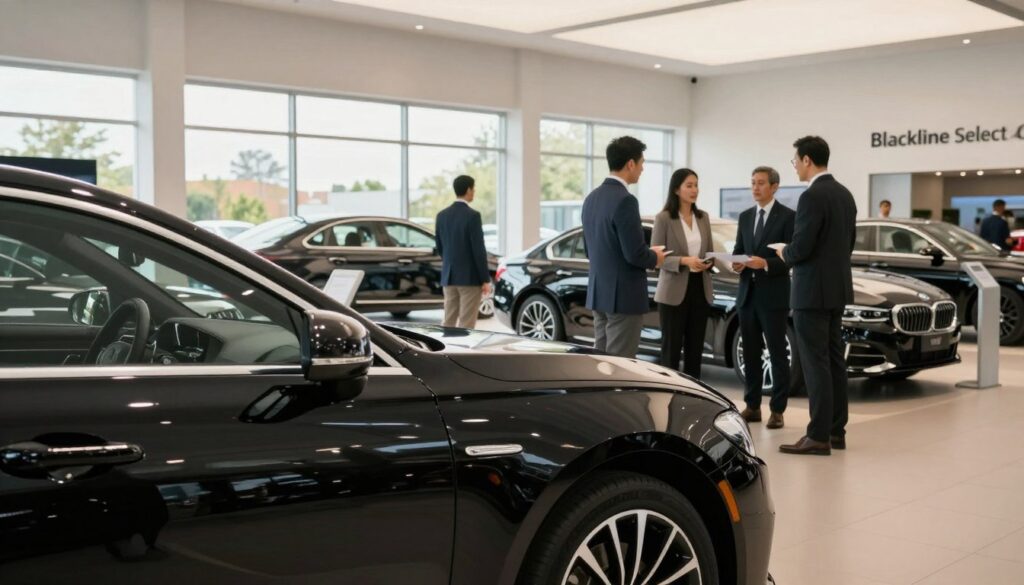 A modern car dealership interior featuring a polished and well-lit showroom with a sleek black car prominently displayed in the foreground. The car symbolizes luxury and quality. In the background, there are sales representatives dressed in professional business attire, engaging with potential customers who are inspecting other vehicles. Large windows allow natural light to flood in, creating a warm and inviting atmosphere. The scene conveys trust and professionalism, emphasizing safe buying practices. Subtle branding for "Blackline Select Cars" appears in the showroom's decor. The perspective is slightly low-angle, enhancing the car's stature while keeping the focus on customer interaction and guidance in a risk-free environment.