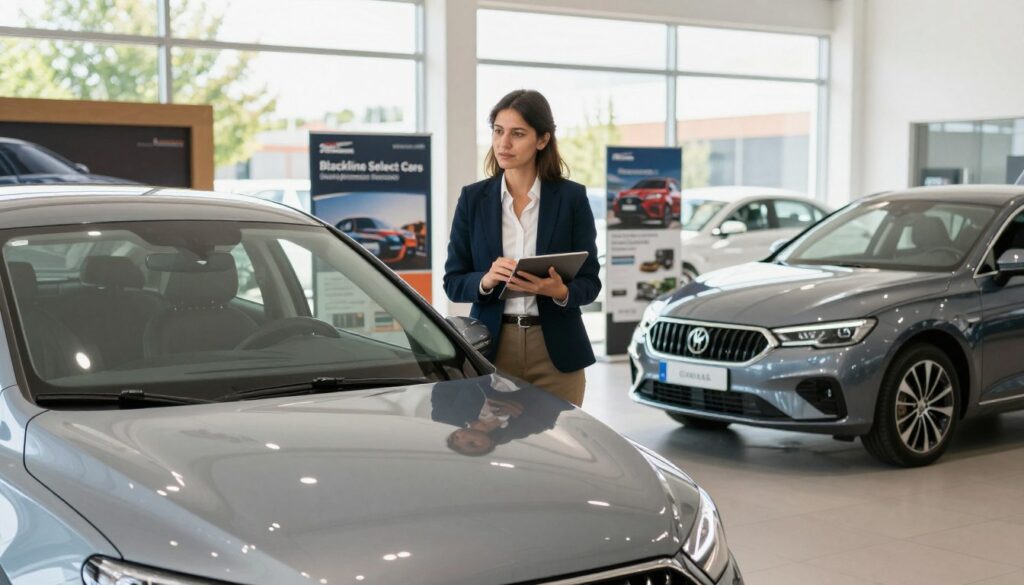 A modern car dealership interior featuring a sleek, stylish second-hand car prominently displayed in the foreground, representing "Blackline Select Cars." The showroom is bright and inviting, illuminated by soft, natural lighting from large windows that provide a view of a sunny day outside. In the middle ground, a professional-looking businessperson in smart casual attire examines the car, showcasing confidence and satisfaction. The background includes well-organized displays of other quality second-hand vehicles and promotional materials highlighting comprehensive inspections and warranty options. The atmosphere conveys trust, professionalism, and a welcoming environment for customers seeking quality used cars in Spain. The focus should be clean and sharp, capturing the essence of reliability and thorough checks that Carplus promises.