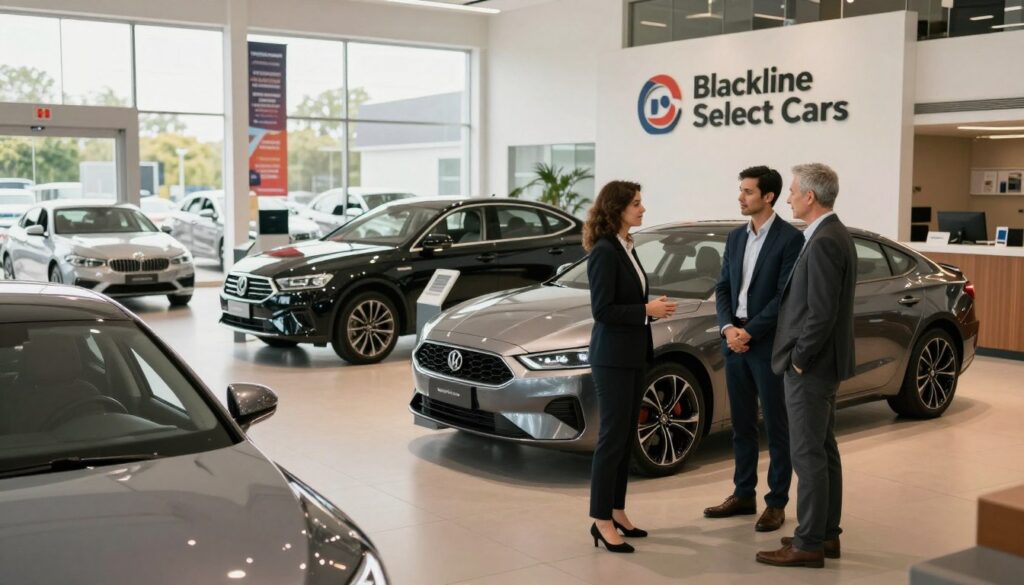 A modern car dealership interior, featuring sleek vehicles on display, with a focus on a bright showroom filled with natural light. In the foreground, a confident salesperson in professional business attire engages with a couple standing next to a stylish, low-mileage car, showcasing the "Blackline Select Cars" logo prominently on a nearby wall. In the middle, various cars gleam under soft spotlights, creating a welcoming atmosphere. The background includes informative banners about key questions to ask when purchasing a car, emphasizing a customer-friendly experience. Capture this scene from a slightly elevated angle to provide depth and context, ensuring a warm and inviting mood dominates the image.