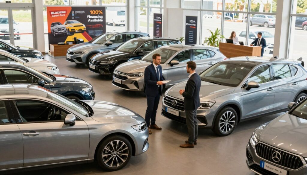 A modern car dealership interior showcasing a wide range of high-quality second-hand vehicles from Blackline Select Cars. In the foreground, a professional salesperson in business attire is engaging with a customer, both examining a sleek, silver sedan. In the middle, a variety of well-kept cars, including SUVs and hatchbacks, stand neatly lined up, highlighting their excellent condition. The background features promotional banners advertising "100% Financing Available" in vibrant colors, along with a customer service desk. Soft, natural lighting filters through large windows, creating a warm and inviting atmosphere. The scene conveys professionalism and trust, making it clear that OcasionPlus offers a large stock of second-hand cars and reliable financing options in Spain.