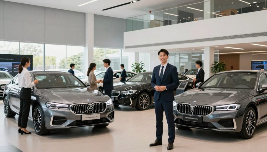 A modern car dealership named "Blackline Select Cars," showcasing a sleek array of imported vehicles in an elegant, well-lit showroom. In the foreground, a professional salesperson wearing smart business attire stands confidently with a welcoming smile, ready to assist a diverse group of potential buyers. The middle ground features several luxury imported cars in pristine condition, highlighting their unique designs and stylish features. In the background, large glass windows allow natural light to flood the space, creating a bright and inviting atmosphere. The overall mood is one of trust and professionalism, emphasizing the importance of choosing a reliable dealership. The camera angle is dynamic, capturing both the dealership's modern architecture and the allure of the cars on display.