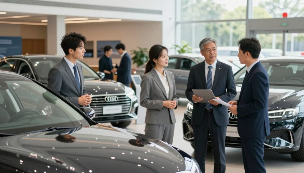 A modern car dealership scene emphasizing the purchasing process, featuring a diverse group of customers in professional business attire engaging with knowledgeable sales representatives. In the foreground, a couple examines a sleek imported car labeled "Blackline Select Cars". The middle ground shows several cars from different angles, reflecting both imported and national models, with customers weighing their options. The background includes a modern dealership interior with welcoming lighting and large glass windows showcasing the outside scenery, hinting at a sunny day. The atmosphere is friendly and trustworthy, evoking confidence in the buying process. The image is well-lit, with a shallow depth of field, focusing on the interactions between clients and sales staff, capturing a moment of decisiveness in their purchasing journey.