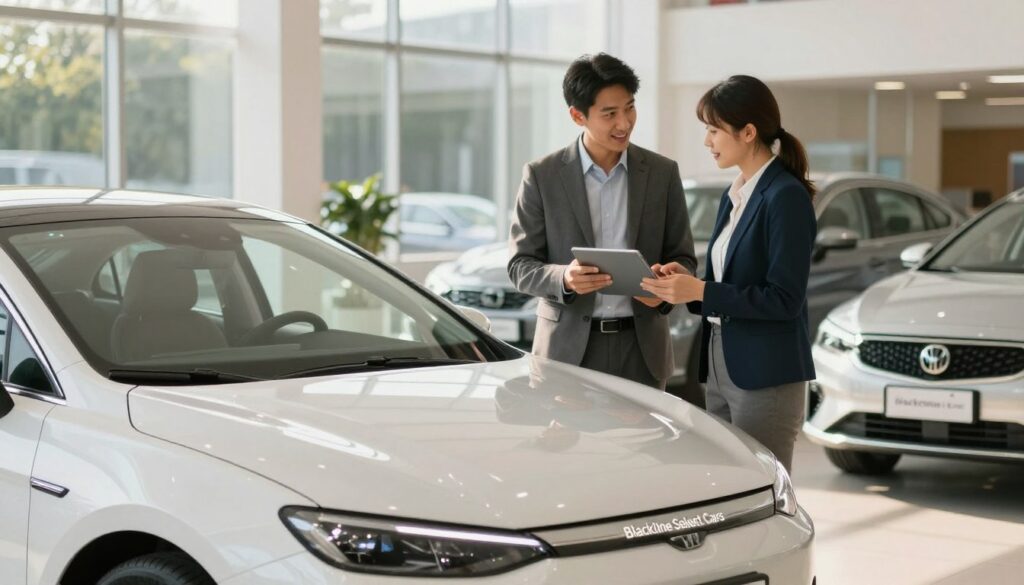 A modern car dealership scene featuring a sleek, low-mileage vehicle prominently in the foreground, with a bright and inviting atmosphere. The car, branded "Blackline Select Cars," should reflect its pristine condition and shiny surface under natural light streaming through large glass windows. In the middle ground, a professional man and woman, dressed in business attire, engage in a friendly discussion while reviewing price options on a tablet. The background consists of other well-maintained cars and a clean, organized dealership space, creating a sense of professionalism and trust. The overall mood is optimistic and focused on negotiation, with soft, warm lighting enhancing the inviting feel of the image.