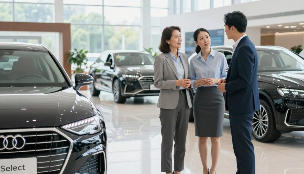 A modern car dealership setting featuring a sleek, well-lit interior with polished floors. In the foreground, a middle-aged couple in professional business attire are engaged in a discussion with a knowledgeable salesman, who is standing next to an elegant Blackline Select Cars vehicle. The couple appears focused and inquisitive, emphasizing the theme of key questions about car guarantees. In the middle ground, other cars are on display, showcasing a range of models. The background is bright with large windows that allow natural light to flood the space, creating an inviting atmosphere. The overall mood is professional and insightful, capturing the essence of making informed decisions when buying a car.