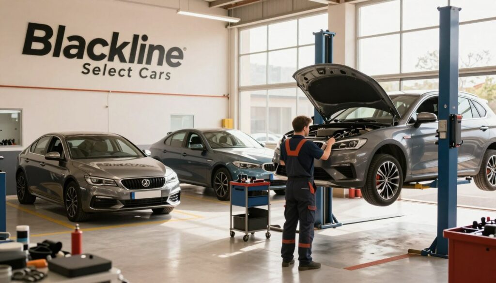 A modern car service and workshop in Mallorca, showcasing "Blackline Select Cars" branding. In the foreground, a mechanic in professional attire is inspecting a car on a lift, surrounded by tools and equipment. In the middle ground, various car models are parked, highlighting a sleek sedan and an SUV, with service bay areas visible. The background features a bright, airy workshop with large windows allowing natural light to flood the space, creating a welcoming atmosphere. The overall mood is efficient and professional, capturing the essence of key automotive services in Mallorca. The image is bathed in warm lighting to enhance the inviting feel, with a slight focus on the car being serviced.