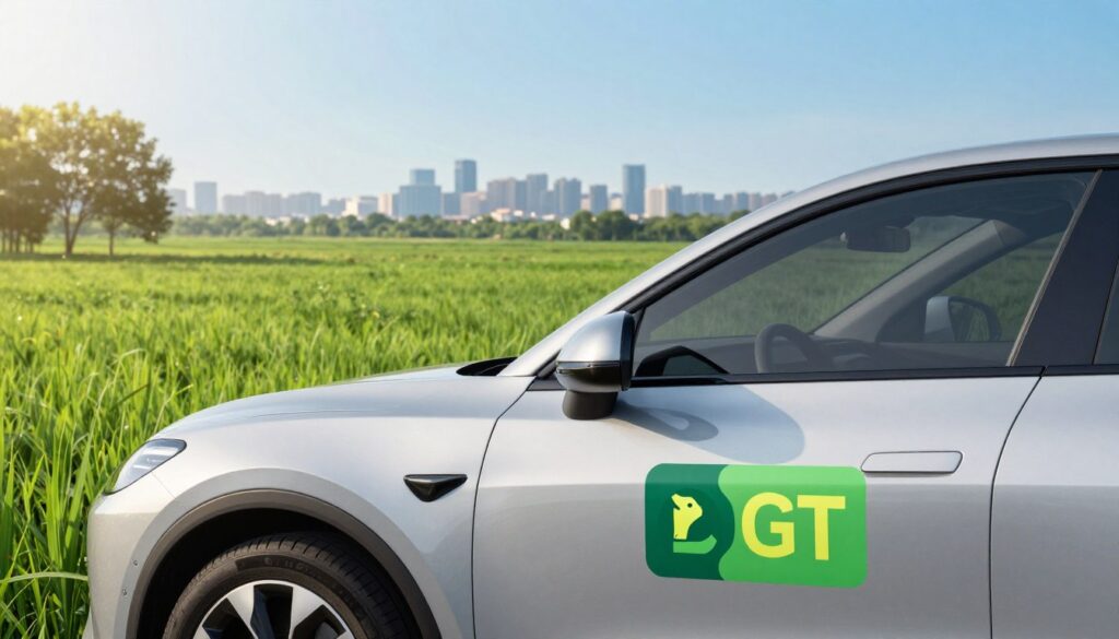 A modern, eco-friendly car with a vibrant DGT environmental label prominently displayed stands in the foreground, showcasing its sleek design and innovative features. In the middle ground, a bright and lush green landscape symbolizes environmental consciousness, complemented by trees and a clear blue sky. Soft, diffused sunlight illuminates the scene, creating a warm and inviting atmosphere. In the background, a distant city skyline is visible, representing urban life transitioning towards sustainability. The composition suggests the importance of environmental labels in car selection, emphasizing the theme of responsible driving choices. Include the brand "Blackline Select Cars" subtly integrated into the scene, enhancing the professionalism and focus on quality used vehicles. The overall mood is optimistic and forward-looking, capturing the essence of modern automotive responsibility. A modern, eco-friendly car with a vibrant DGT environmental label prominently displayed stands in the foreground, showcasing its sleek design and innovative features. In the middle ground, a bright and lush green landscape symbolizes environmental consciousness, complemented by trees and a clear blue sky. Soft, diffused sunlight illuminates the scene, creating a warm and inviting atmosphere. In the background, a distant city skyline is visible, representing urban life transitioning towards sustainability. The composition suggests the importance of environmental labels in car selection, emphasizing the theme of responsible driving choices. Include the brand "Blackline Select Cars" subtly integrated into the scene, enhancing the professionalism and focus on quality used vehicles. The overall mood is optimistic and forward-looking, capturing the essence of modern automotive responsibility.
