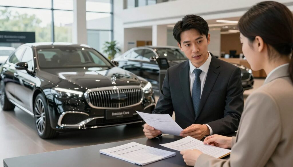 A modern office environment featuring a sleek, professional car showroom with various imported vehicles, focused on a luxury black sedan from "Blackline Select Cars." In the foreground, a well-dressed consultant is discussing paperwork with a customer, both appearing engaged and informed. The middle ground includes the elegant cars, strategically lit to accentuate their designs, along with documents related to homologation and registration placed on a polished desk. The background shows large windows allowing natural light to flood the space, creating a warm atmosphere. The mood is professional and inviting, ideal for navigating the intricacies of vehicle importation. The overall composition emphasizes the importance of legality and professionalism in the car buying process.