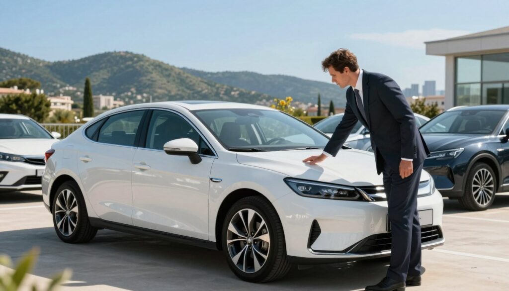 A modern, stylish second-hand car parked under a clear blue sky, showcasing its pristine paint and shiny wheels. In the foreground, a professional dressed in business attire inspects the car closely, reflecting confidence and assurance in quality. The middle ground captures the essence of a serene car dealership environment, with a few well-maintained vehicles in elegant display. The background features rolling green hills and a hint of the urban skyline of the Balearic Islands, evoking a sense of a welcoming community. Soft, natural lighting enhances the vibrant colors, while a slight depth of field focuses on the car and the inspector, creating an atmosphere of trust and investment in quality. Include the brand name "Blackline Select Cars" subtly on the car's window.