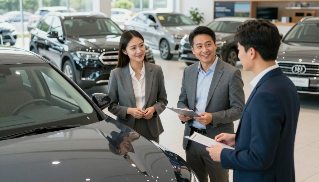 A modern, vibrant dealership setting showcasing satisfied customers interacting with friendly sales representatives. In the foreground, a couple in professional attire, smiling and discussing their recent car purchase from "Blackline Select Cars". The middle ground features a sleek, imported car, reflecting quality and sophistication. In the background, a welcoming showroom filled with various imported models, complemented by bright, natural lighting that creates an inviting atmosphere. Use a slightly elevated angle to capture the excitement and satisfaction in the customers' faces. Emphasize trust and professionalism, with a warm, positive mood, enhancing the idea of real customer experiences and glowing feedback.