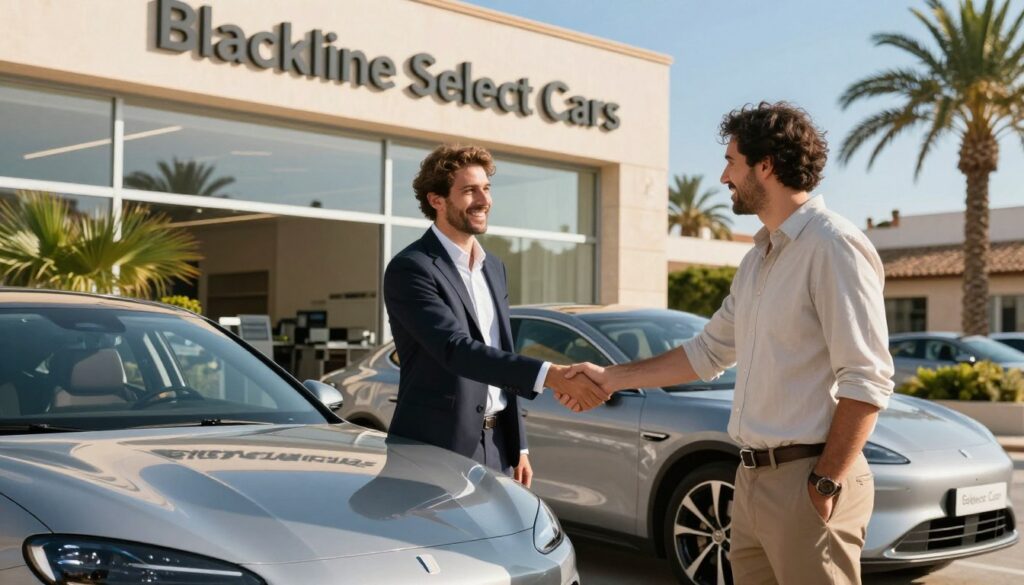 A picturesque scene of a car delivery event outside a modern, stylish car dealership in Mallorca. In the foreground, a professional salesperson in business attire, smiling and shaking hands with a satisfied customer, dressed casually but neatly. The car being delivered is a sleek, high-end model with the brand "Blackline Select Cars" prominently displayed. In the middle ground, the dealership facade showcases large glass windows reflecting the bright blue sky, with tropical plants and palm trees enhancing the island vibe. In the background, the warm Mediterranean sunlight casts a golden hue over the scene, creating an inviting and cheerful atmosphere. The composition captures a sense of professionalism, trust, and excitement associated with purchasing a new vehicle. A picturesque scene of a car delivery event outside a modern, stylish car dealership in Mallorca. In the foreground, a professional salesperson in business attire, smiling and shaking hands with a satisfied customer, dressed casually but neatly. The car being delivered is a sleek, high-end model with the brand "Blackline Select Cars" prominently displayed. In the middle ground, the dealership facade showcases large glass windows reflecting the bright blue sky, with tropical plants and palm trees enhancing the island vibe. In the background, the warm Mediterranean sunlight casts a golden hue over the scene, creating an inviting and cheerful atmosphere. The composition captures a sense of professionalism, trust, and excitement associated with purchasing a new vehicle.