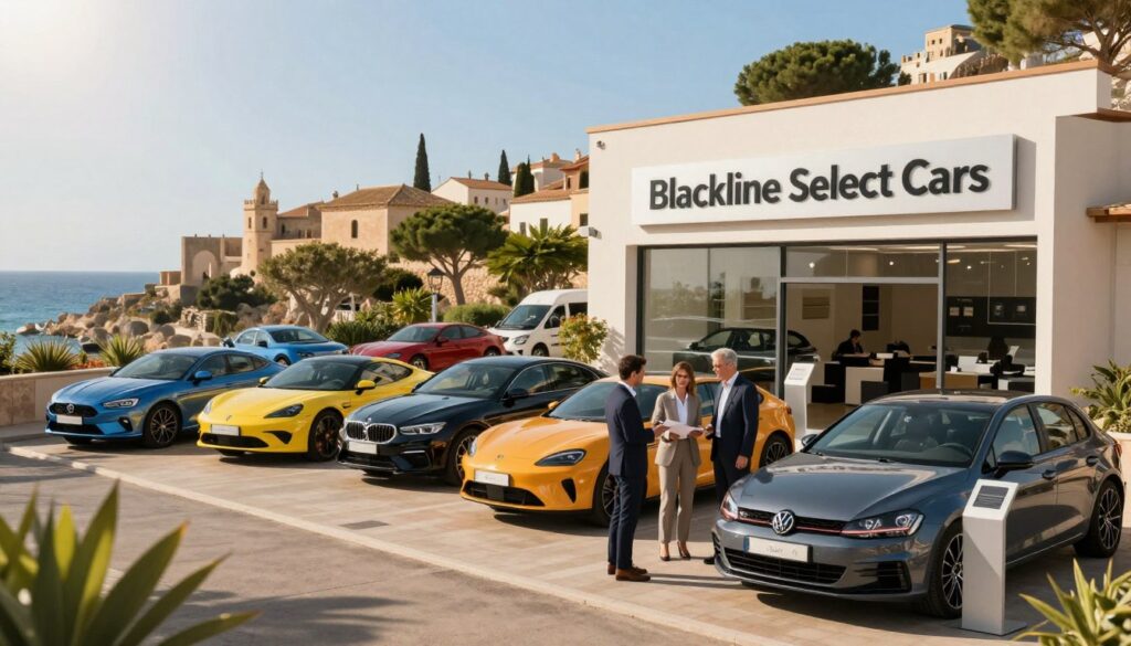 A picturesque scene showcasing a bustling car dealership in the scenic Islas Baleares, featuring a variety of cars on display. In the foreground, a modern, sleek dealership building with the name "Blackline Select Cars" prominently featured on a stylish sign. Sales professionals in professional business attire engage with customers, providing a welcoming atmosphere. In the middle ground, several bright and shiny vehicles are arranged attractively, showcasing different brands and models, surrounded by lush greenery and clear blue skies. The background includes iconic Balearic elements, like historical architecture and a glimpse of the sparkling Mediterranean Sea. The lighting is warm and inviting, simulating a sunny day, with an angle that captures the vibrancy and beauty of the location, evoking a sense of excitement and adventure in the car-buying experience.