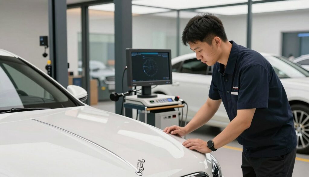A pristine luxury car being serviced at an upscale maintenance facility, showcasing "Blackline Select Cars." In the foreground, a professional technician in a tailored uniform is carefully inspecting the vehicle's polished chrome details. The middle ground highlights advanced diagnostic equipment, with sleek tools and machinery that emphasize high-tech service. In the background, large windows reveal a well-lit bay, streaming in natural light, reflecting a sophisticated and clean environment. The atmosphere exudes exclusivity and expertise, with soft shadows enhancing the sleek lines of the luxury car. The lighting is bright yet warm, creating an inviting ambiance. Capture a sense of trust and quality in the post-sales service experience for premium used cars.