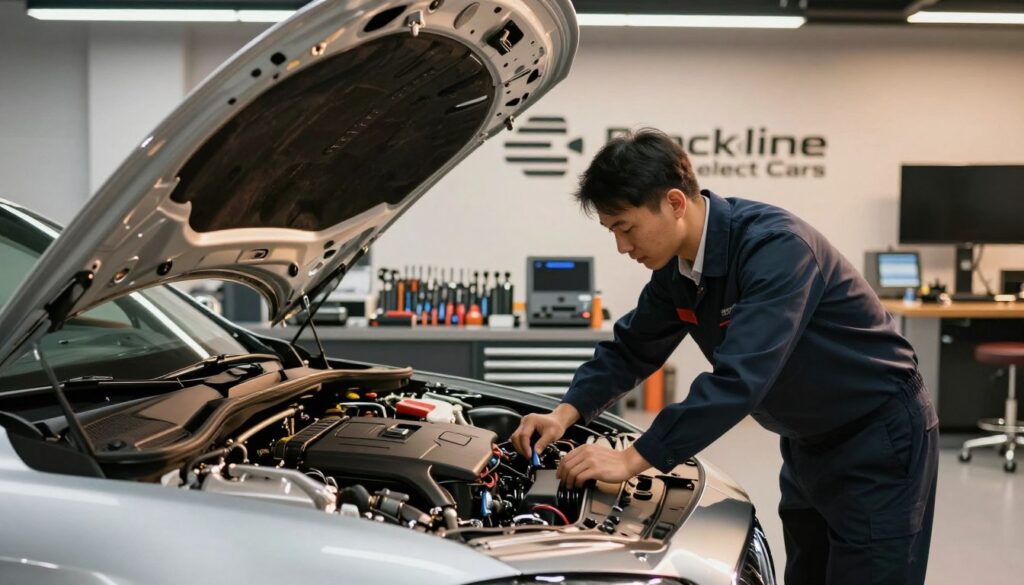 A pristine luxury car service center, showcasing a sleek, high-end vehicle under warm, inviting lighting. In the foreground, an experienced technician in professional business attire is meticulously inspecting the engine of a premium car, symbolizing specialized maintenance. The middle layer features a modern workshop filled with well-organized tools and equipment, reflecting a commitment to quality service. In the background, the brand logo "Blackline Select Cars" is subtly displayed on the wall, enhancing the sense of professionalism. Soft shadows and highlights create an atmosphere of sophistication and trust. The angle captures the technician's focused expression while ensuring the vehicle remains the central focal point, embodying top-tier post-sale service.