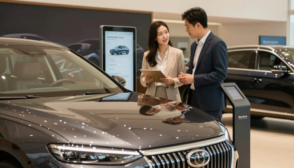 A professional and elegant car showroom featuring a shiny, premium used car prominently displayed in the foreground. The car, representing Blackline Select Cars, gleams under soft, warm lighting that highlights its sleek lines and polished finish. In the middle ground, a well-dressed couple, in business attire, examines the vehicle, showcasing a sense of excitement and professionalism. Surrounding them are signs of the car-buying process, such as a digital screen displaying car specifications and financing options. In the background, blurred images of other premium cars enhance the ambiance of luxury. The atmosphere is welcoming and informative, conveying a sense of trust and quality in the car purchasing experience. The angle captures the scene from slightly below eye level, emphasizing the stature of the car and the professionalism of the environment.
