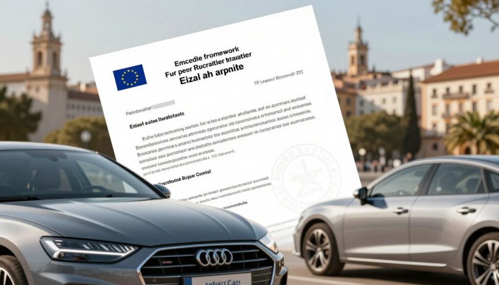 A professional and informative image showcasing the legal framework of warranties in imported cars within the EU and Spain. In the foreground, display a sleek, modern car with the logo of "Blackline Select Cars" prominently featured. In the middle ground, illustrate a legal document with text that represents EU regulations on warranties, slightly blurred to emphasize the car. The background should depict a vibrant cityscape, symbolizing urban life in Spain, with hints of recognizable architecture. Soft, natural lighting should create a warm and inviting atmosphere, with a focus on the car and document. Use a slight tilt angle to add depth and dimension, making it look dynamic and engaging while maintaining a professional aesthetic.