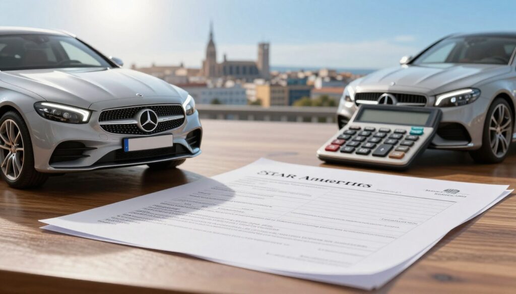 A professional and informative scene depicting the concept of car import taxes and associated costs. In the foreground, show a sleek, luxury car under a bright, natural light, symbolizing high-quality imported vehicles. In the middle ground, illustrate a calculator, import paperwork, and a tax document spread out on a polished wooden desk, emphasizing the financial aspects of importing vehicles. In the background, include a cityscape of Spain, with recognizable landmarks subtly silhouetted against a sunny blue sky, creating an atmosphere of optimism and opportunity. Make sure the mood is serious yet approachable, reflecting the importance of understanding financial implications in car imports. Incorporate elements of the brand "Blackline Select Cars" subtly into the scene, such as a logo on the paperwork or a car manufacturer’s branding.