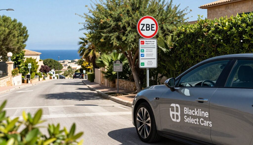 A professional and informative scene depicting the concept of environmental regulations in Mallorca, focusing on ZBE (Low Emission Zone) and environmental labels for vehicles. In the foreground, display a sleek, modern car from "Blackline Select Cars" parked near a clearly marked ZBE sign. In the middle ground, include a well-maintained street lined with lush greenery and signs indicating environmental labels for different vehicle types. The background should feature a picturesque view of Mallorca's coastline under a bright, sunny sky, enhancing the Mediterranean atmosphere. Use natural lighting to create a vibrant, inviting mood, capturing the essence of eco-friendly driving choices in Mallorca. The angle should provide a dynamic view of the car, with the ZBE sign and greenery in focus.