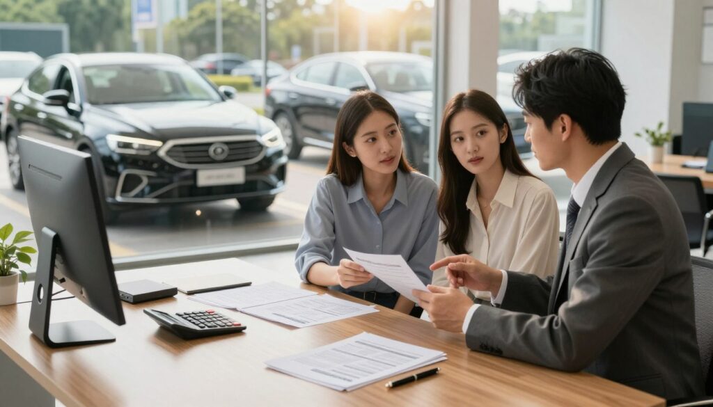 A professional and inviting car dealership office interior showcasing the financing options for a used vehicle. In the foreground, a stylish wooden desk with financial documents, a calculator, and a pen, reflecting a sense of professionalism. The middle ground features a customer consultation area with two individuals, a young couple dressed in smart casual attire, discussing financing with a consultant in a tailored suit. In the background, a large window reveals a neatly organized lot with several quality used cars, including a Blackline Select Cars model prominently displayed. Soft natural light streams through the window, creating a warm, welcoming atmosphere. The camera angle is slightly elevated, capturing the interaction at eye level while maintaining focus on the car lot, suggesting a balanced blend of finance and automotive choice.