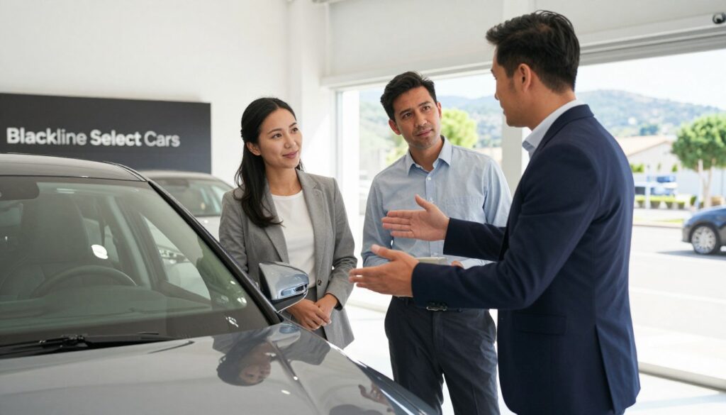 A professional and safe car buying process scene, showcasing "Blackline Select Cars". In the foreground, a well-dressed salesperson stands beside a sleek car, gesturing towards the vehicle as they explain features to a couple, who look engaged and attentive. The middle ground features a modern dealership with bright lighting and polished floors, creating a welcoming environment. In the background, a large window shows a beautiful view of Mallorca’s sunny landscape, enhancing the sense of location. Soft, natural lighting floods the scene, capturing the details of the car's design and the expressions of the individuals. The mood conveys trust, professionalism, and excitement about making a safe car purchase step by step. A professional and safe car buying process scene, showcasing "Blackline Select Cars". In the foreground, a well-dressed salesperson stands beside a sleek car, gesturing towards the vehicle as they explain features to a couple, who look engaged and attentive. The middle ground features a modern dealership with bright lighting and polished floors, creating a welcoming environment. In the background, a large window shows a beautiful view of Mallorca’s sunny landscape, enhancing the sense of location. Soft, natural lighting floods the scene, capturing the details of the car's design and the expressions of the individuals. The mood conveys trust, professionalism, and excitement about making a safe car purchase step by step.