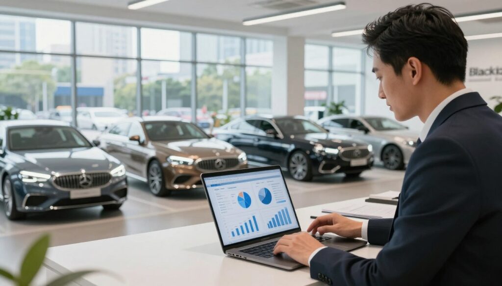 A professional and sleek car import service environment featuring a modern office space. In the foreground, a business professional dressed in smart attire, analyzing data on a laptop, surrounded by detailed charts and graphs illustrating the advantages of importing a car. In the middle ground, a display of diverse luxury cars showcasing international brands, highlighting their unique features. The background shows a large window with natural light flooding the space and a view of bustling city streets, symbolizing global connectivity. The overall atmosphere conveys professionalism, trust, and efficiency associated with "Blackline Select Cars." Use soft, inviting lighting to create a productive and optimistic mood, captured with a slight depth of field to emphasize the foreground elements.