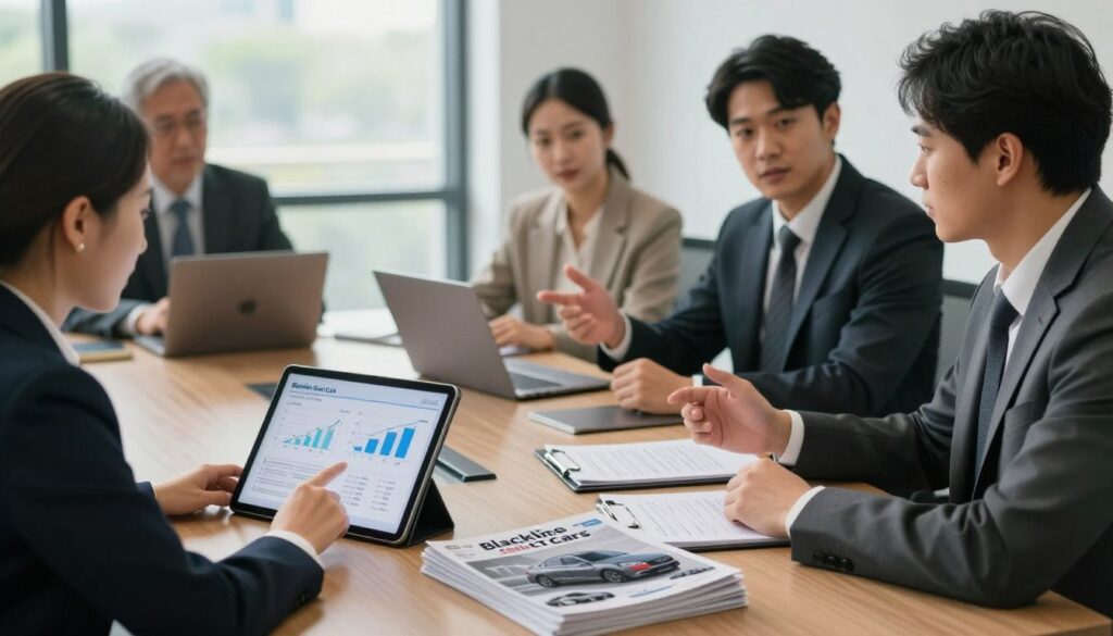 A professional and stylish office setting, featuring a diverse group of individuals in business attire discussing the process of defining car needs and establishing a realistic budget for purchasing a vehicle. In the foreground, a confident woman pointing at a financial chart on a tablet, while beside her, a man gestures towards a notepad filled with car specifications. In the middle, an elegant conference table with a laptop and stacks of brochures showcasing various car models, including the "Blackline Select Cars" as a focal point. The background displays large windows with natural light streaming in, creating an inviting and focused atmosphere. Soft shadows enhance the mood, emphasizing seriousness and collaboration in a business-like environment.