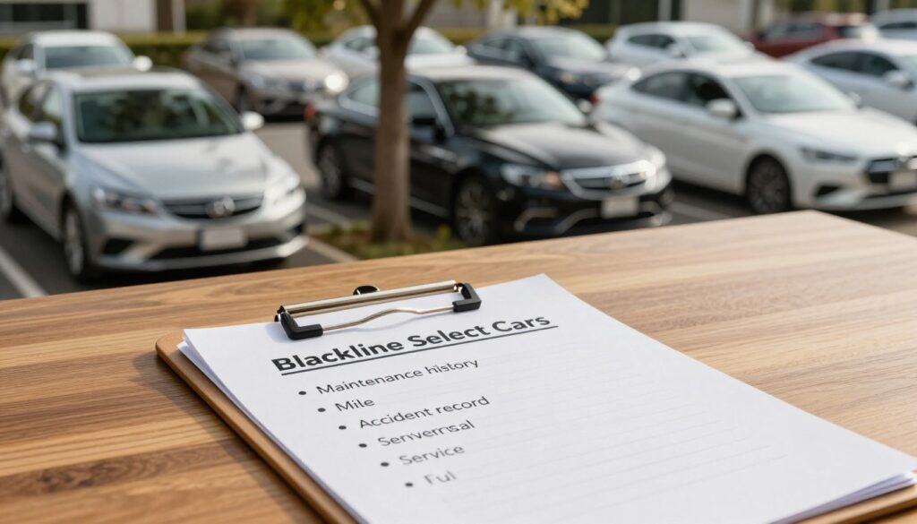A professional automotive checklist displayed on a wooden desk, featuring a diverse selection of high-quality used cars in the background, including models from Blackline Select Cars. The foreground highlights a clipboard with clear bullet points about reliability factors: maintenance history, mileage, accident record, and service recommendations. Soft, natural lighting illuminates the scene, creating a warm and inviting atmosphere. The middle background shows a sleek, well-maintained used car parked under a tree, symbolizing reliability. The photograph is taken from a slightly elevated angle, showcasing the organized desk with the cars visible in a parking lot behind. The overall mood conveys trust, diligence, and professionalism, ideal for an article section on reliable used cars.