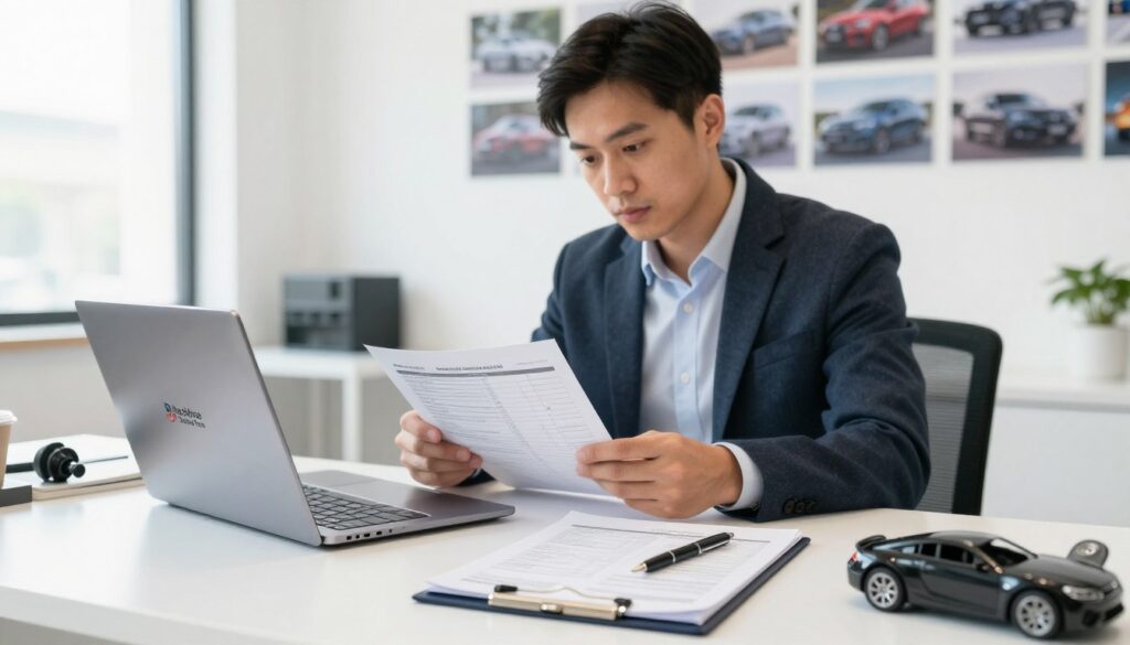 A professional automotive consultant reviewing documentation and car specifications at a sleek, modern desk, surrounded by vehicle parts and importation paperwork. In the foreground, emphasize a laptop displaying the logo "Blackline Select Cars," along with a clipboard filled with checklists for car importation, highlighted by a practical pen. In the middle ground, the consultant, dressed in smart casual attire, focuses intently on the documents, representing diligence and expertise. The background features a bright, clean office with an array of car images on the walls, suggesting the theme of automotive importation and management. Soft, natural lighting enhances the atmosphere, creating a sense of professionalism and accessibility, perfect for conveying practical advice on avoiding problems and saving money in car imports.
