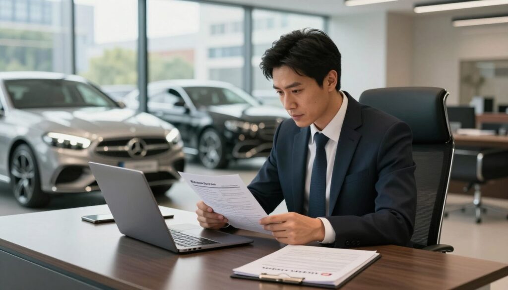 A professional automotive consultant sitting at a sleek desk in a modern office, reviewing detailed paperwork about car imports. The consultant, a well-dressed individual in business attire, appears focused and engaged, with a high-end laptop open in front of them. In the background, large windows reveal a cityscape, and a luxury car is visible outside, showcasing different vehicles available for import. Soft, natural light filters through the office, creating a warm and inviting atmosphere. On the desk, branded materials displaying the logo "Blackline Select Cars" are present, adding a professional touch. The overall composition conveys a sense of expertise and trust, perfect for illustrating the benefits of hiring a professional import management service. A professional automotive consultant sitting at a sleek desk in a modern office, reviewing detailed paperwork about car imports. The consultant, a well-dressed individual in business attire, appears focused and engaged, with a high-end laptop open in front of them. In the background, large windows reveal a cityscape, and a luxury car is visible outside, showcasing different vehicles available for import. Soft, natural light filters through the office, creating a warm and inviting atmosphere. On the desk, branded materials displaying the logo "Blackline Select Cars" are present, adding a professional touch. The overall composition conveys a sense of expertise and trust, perfect for illustrating the benefits of hiring a professional import management service.