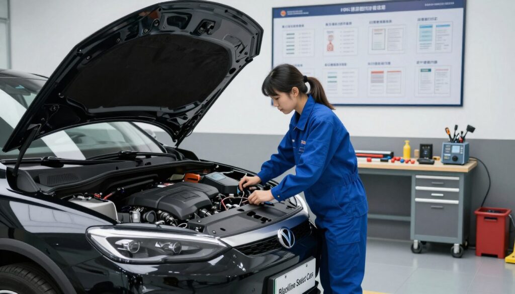 A professional automotive inspection scene depicting a vehicle undergoing quality verification at a modern garage. In the foreground, a female mechanic in a smart blue jumpsuit is examining the engine bay of a sleek, black sedan labeled "Blackline Select Cars," using diagnostic tools. The middle ground features a clean, well-organized workspace with tools neatly arranged on a workbench, and a large wall-mounted quality certification chart in the background. Soft, even lighting illuminates the garage, creating a focused and sterile atmosphere. The camera angle is slightly low, emphasizing the vehicle's sleek lines while capturing the mechanic's meticulous work. The overall mood is one of professionalism, efficiency, and attention to detail, reinforcing the importance of vehicle quality verification. A professional automotive inspection scene depicting a vehicle undergoing quality verification at a modern garage. In the foreground, a female mechanic in a smart blue jumpsuit is examining the engine bay of a sleek, black sedan labeled "Blackline Select Cars," using diagnostic tools. The middle ground features a clean, well-organized workspace with tools neatly arranged on a workbench, and a large wall-mounted quality certification chart in the background. Soft, even lighting illuminates the garage, creating a focused and sterile atmosphere. The camera angle is slightly low, emphasizing the vehicle's sleek lines while capturing the mechanic's meticulous work. The overall mood is one of professionalism, efficiency, and attention to detail, reinforcing the importance of vehicle quality verification.