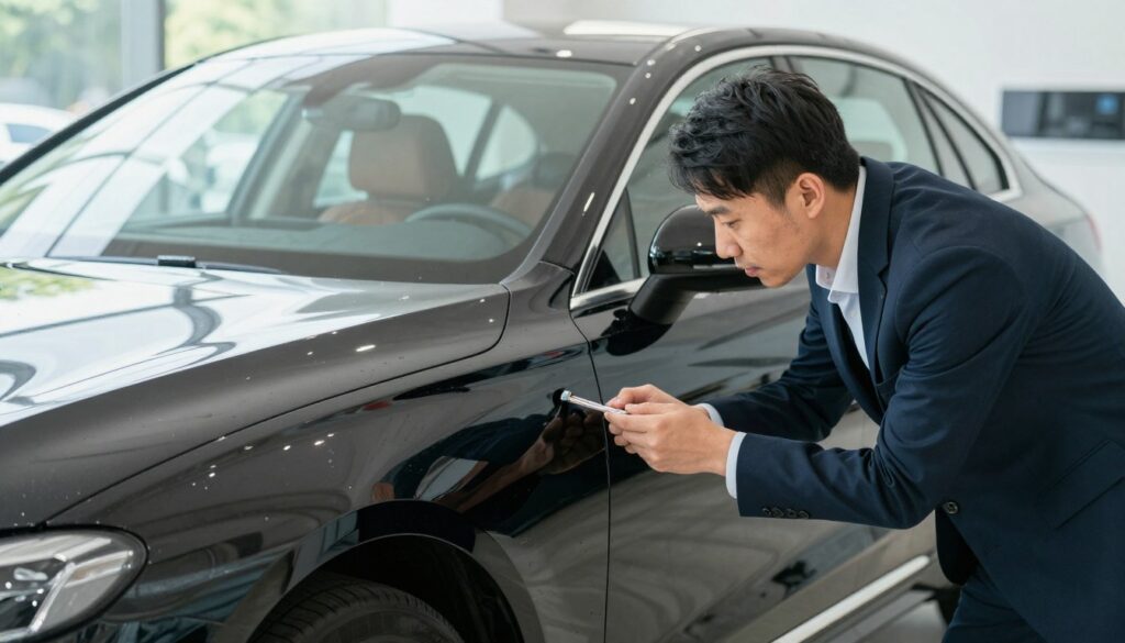 A professional automotive inspector examining the exterior of a Blackline Select Cars vehicle. In the foreground, the inspector, dressed in business attire, is closely examining the car's body for signs of wear or damage, using a measuring tool. The middle layer features a sleek, modern sedan, showcasing its glossy finish and well-defined lines, with a focus on the doors, hood, and wheels. In the background, a bright day casts soft natural light, illuminating details and reflections on the car's surface. The setting is a clean, open dealership or inspection area, evoking a sense of professionalism and thoroughness. The overall atmosphere is informative and diligent, highlighting the importance of visual inspection in assessing a car's condition.