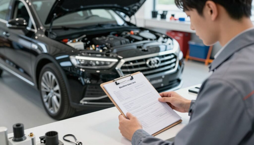 A professional automotive service desk scene with a focus on common errors that can void a warranty on imported cars. In the foreground, a well-dressed mechanic in a business casual outfit examines a car's documentation, highlighting issues like maintenance neglect and missing paperwork. In the middle ground, a sleek black imported car from "Blackline Select Cars" is prominently displayed, with visible warranty information on a clipboard beside it. The background features various car parts and tools neatly arranged, emphasizing the technical aspects of vehicle care. Bright, natural lighting illuminates the scene, creating a professional atmosphere that conveys diligence and attention to detail. Use a slightly angled perspective to capture both the mechanical focus and the warranty discussion, enhancing the image's emotional impact and relevance to the topic.