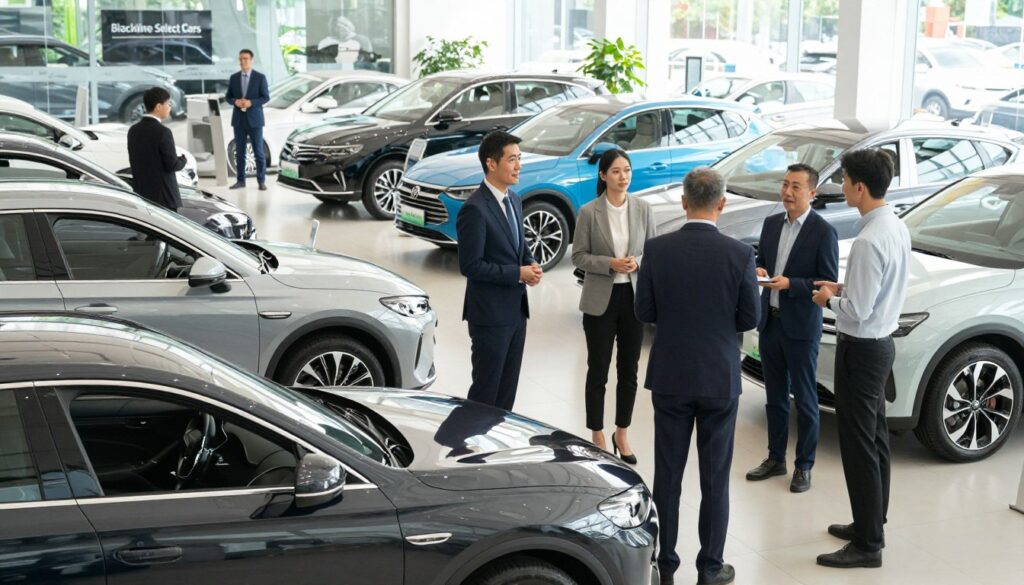 A professional automotive showroom displaying a variety of vehicles from "Blackline Select Cars" in the foreground, featuring sleek sedans, SUVs, and eco-friendly options like electric cars. In the middle ground, a diverse group of well-dressed professionals—men and women in business attire—are engaged in a discussion, examining the cars and considering alternatives to importation. The background shows a bright, modern dealership environment with large windows allowing natural light to pour in, creating a welcoming atmosphere. The scene is captured from a slightly elevated angle to showcase both the vehicles and the interaction among people, evoking a sense of practical decision-making and community. The overall mood is informative and professional, reflecting a helpful approach to navigating the automotive market.