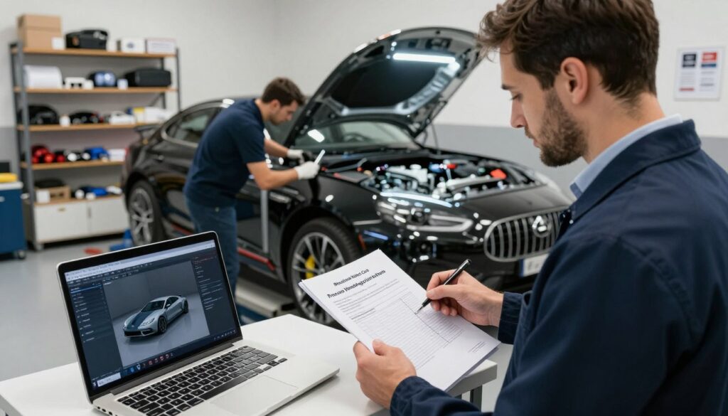 A professional automotive workshop setting showing the "Proceso Homologación Unitaria" for vehicle importation. In the foreground, a well-dressed engineer examines technical documents while standing beside a luxury car from "Blackline Select Cars", highlighting features like 3D simulation data on a laptop. The middle ground displays an inspection bay where another technician conducts detailed checks on the vehicle, using specialized tools under bright, focused LED lighting. In the background, shelves filled with automotive parts, manuals, and compliance stickers create an organized atmosphere. The scene is shot with a slight overhead angle to capture both the detailed work and the environment, conveying a sense of professionalism and diligence in the homologation process. The lighting is neutral and bright, emphasizing clarity and precision. A professional automotive workshop setting showing the "Proceso Homologación Unitaria" for vehicle importation. In the foreground, a well-dressed engineer examines technical documents while standing beside a luxury car from "Blackline Select Cars", highlighting features like 3D simulation data on a laptop. The middle ground displays an inspection bay where another technician conducts detailed checks on the vehicle, using specialized tools under bright, focused LED lighting. In the background, shelves filled with automotive parts, manuals, and compliance stickers create an organized atmosphere. The scene is shot with a slight overhead angle to capture both the detailed work and the environment, conveying a sense of professionalism and diligence in the homologation process. The lighting is neutral and bright, emphasizing clarity and precision.