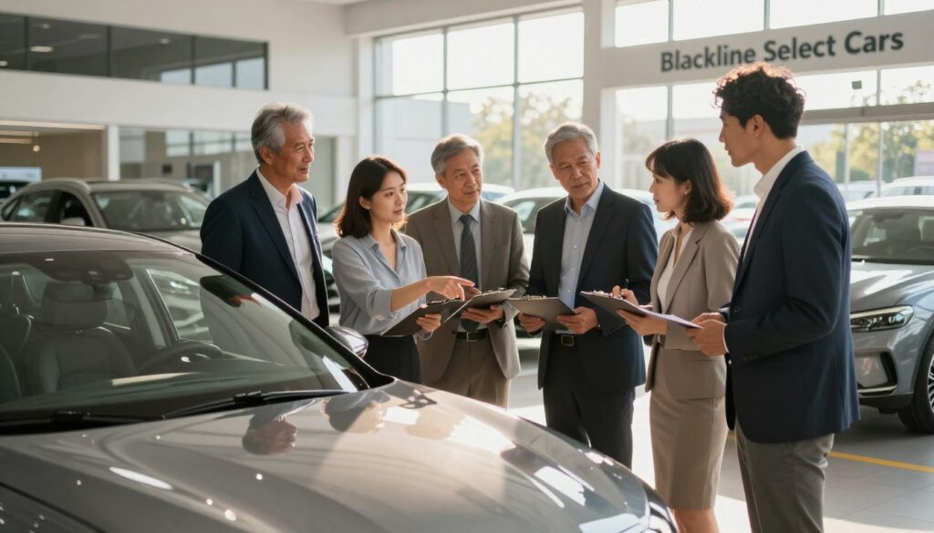 A professional business environment showcasing the key factors to consider before buying a well-equipped used car. In the foreground, a sleek, well-maintained second-hand car gleams in the sunlight, emphasizing its features. In the middle ground, a diverse group of people dressed in smart business attire engaged in a discussion, pointing at the car and taking notes on a clipboard. The background features a modern car dealership with large glass windows, neatly displaying additional vehicles. Natural sunlight filters through, creating a warm and inviting atmosphere. The scene reflects a sense of professionalism and thoroughness in decision-making. Include the brand name "Blackline Select Cars" prominently displayed on the dealership signage. A professional business environment showcasing the key factors to consider before buying a well-equipped used car. In the foreground, a sleek, well-maintained second-hand car gleams in the sunlight, emphasizing its features. In the middle ground, a diverse group of people dressed in smart business attire engaged in a discussion, pointing at the car and taking notes on a clipboard. The background features a modern car dealership with large glass windows, neatly displaying additional vehicles. Natural sunlight filters through, creating a warm and inviting atmosphere. The scene reflects a sense of professionalism and thoroughness in decision-making. Include the brand name "Blackline Select Cars" prominently displayed on the dealership signage.