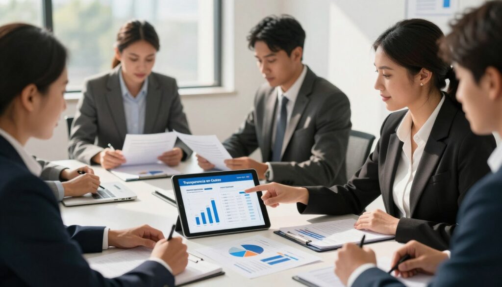 A professional business setting depicting a diverse group of individuals in business attire, gathered around a modern conference table with detailed charts and graphs illustrating "Transparencia en Costos" and "Ahorro Garantizado". The foreground features a confident businesswoman pointing at a digital tablet displaying transparent cost breakdowns. In the middle ground, a man in a suit examines paperwork, while a woman takes notes. The background showcases large windows with natural light streaming in, casting soft shadows and creating an atmosphere of clarity and trust. Company branding for "Blackline Select Cars" is subtly incorporated into the design, reinforcing a theme of transparency in car import services. Aim for a warm, inviting color palette to evoke a sense of assurance and professionalism.