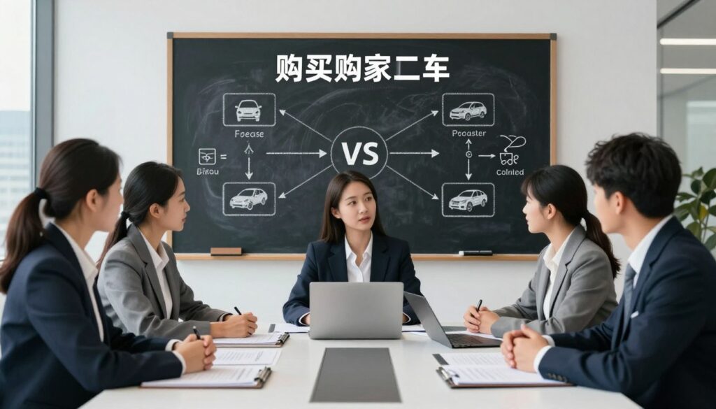A professional business setting illustrating the comparison between purchasing a national car and an imported car, highlighting the ease of the process versus bureaucratic hurdles. In the foreground, a diverse group of individuals in business attire are engaged in discussion around a sleek, modern desk filled with paperwork and car brochures from "Blackline Select Cars." The middle ground features a large chalkboard with a flowchart contrasting the buying processes, illustrated with icons representing ease and complexity. The background shows a transparent office with a city skyline view, bathed in natural light from large windows, creating a productive atmosphere. The overall mood is insightful and focused, emphasizing the clarity of information in a professional environment. A professional business setting illustrating the comparison between purchasing a national car and an imported car, highlighting the ease of the process versus bureaucratic hurdles. In the foreground, a diverse group of individuals in business attire are engaged in discussion around a sleek, modern desk filled with paperwork and car brochures from "Blackline Select Cars." The middle ground features a large chalkboard with a flowchart contrasting the buying processes, illustrated with icons representing ease and complexity. The background shows a transparent office with a city skyline view, bathed in natural light from large windows, creating a productive atmosphere. The overall mood is insightful and focused, emphasizing the clarity of information in a professional environment.