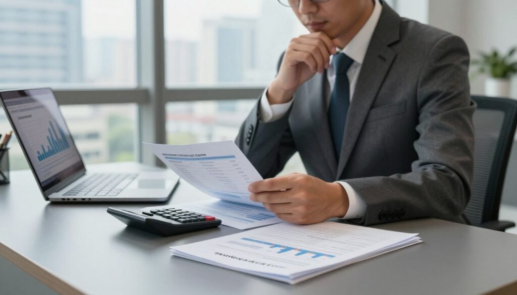 A professional business setting showcasing an analysis of costs related to car purchase. In the foreground, a sleek and modern office desk with neatly arranged documents, a calculator, and a laptop displaying charts of initial prices and hidden expenses. In the middle, a confident business person in a tailored suit reviewing the data thoughtfully, exuding a sense of focus and determination. In the background, a large window reveals a cityscape, with soft, natural lighting illuminating the scene. The atmosphere is one of professionalism and financial insight, enhancing a sense of urgency and analysis. Include subtle branding elements of "Blackline Select Cars" on the documents to suggest a connection to car pricing assessment. A professional business setting showcasing an analysis of costs related to car purchase. In the foreground, a sleek and modern office desk with neatly arranged documents, a calculator, and a laptop displaying charts of initial prices and hidden expenses. In the middle, a confident business person in a tailored suit reviewing the data thoughtfully, exuding a sense of focus and determination. In the background, a large window reveals a cityscape, with soft, natural lighting illuminating the scene. The atmosphere is one of professionalism and financial insight, enhancing a sense of urgency and analysis. Include subtle branding elements of "Blackline Select Cars" on the documents to suggest a connection to car pricing assessment.