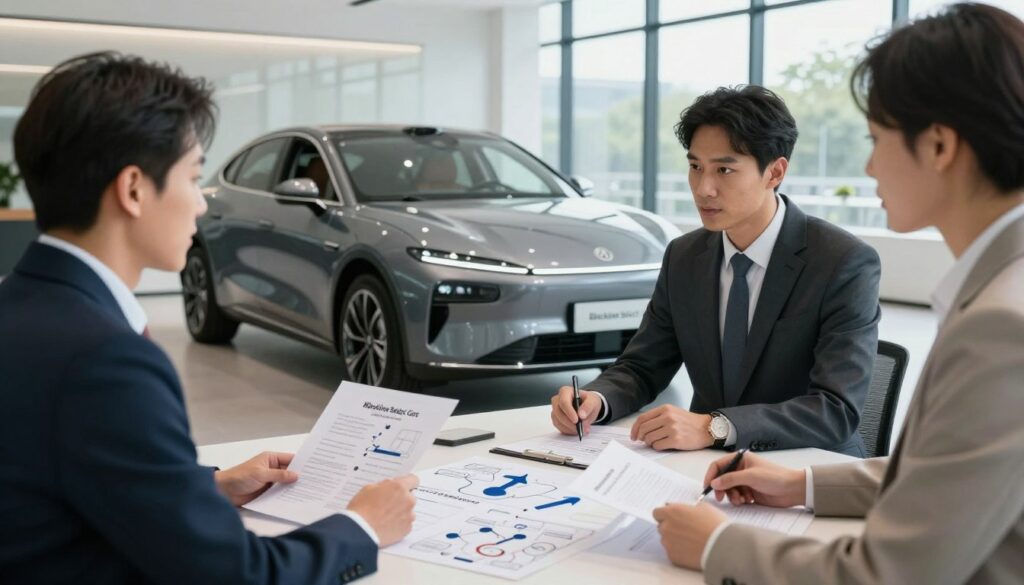 A professional business setting showcasing practical tips for importing a car. In the foreground, a diverse group of three people in business attire discussing, surrounded by papers and diagrams illustrating import processes. In the middle, a stylish modern car from "Blackline Select Cars" prominently displayed, symbolizing success in car importation. The background features a sleek office interior with large windows letting in natural light, enhancing the atmosphere of professionalism and trust. Soft shadows and light accents create a welcoming mood, emphasizing the theme of successful car importation without surprises. The overall composition should evoke a sense of guidance, expertise, and reassurance for readers seeking advice.