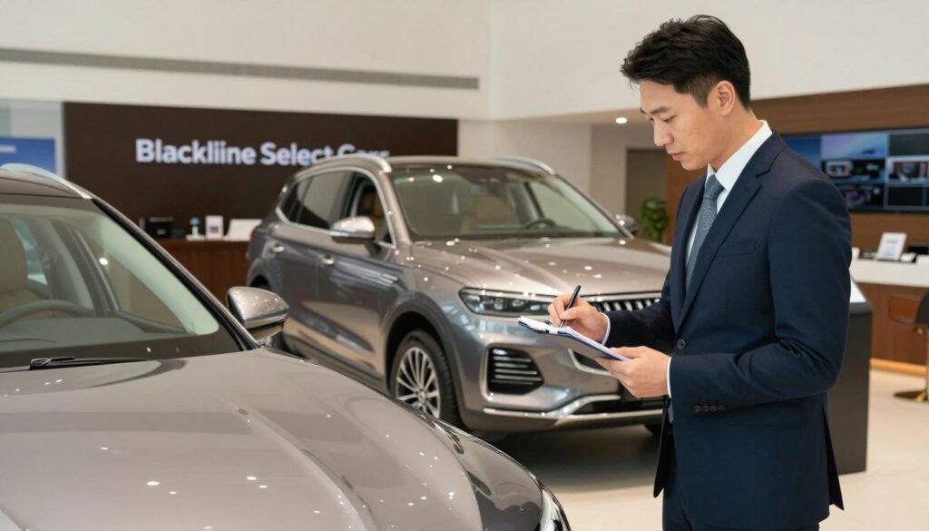 A professional car consultant in business attire stands confidently in an elegantly designed car showroom, examining two luxury vehicles, a sleek sedan and a rugged SUV, showcasing their features. The foreground captures the consultant's engaged expression and meticulous notes, emphasizing a focus on customer safety and informed decision-making. In the middle ground, the well-lit cars gleam under soft, ambient lighting, highlighting their contours and finishes, creating a captivating and trustworthy atmosphere. The background features a modern sales desk with brochures prominently displaying "Blackline Select Cars" branding, reinforcing the theme of secure purchasing. The image is framed using a slight low-angle lens perspective to convey professionalism and trust, with a subtle, warm color palette to create an inviting mood that emphasizes safety and assurance in the car buying process.