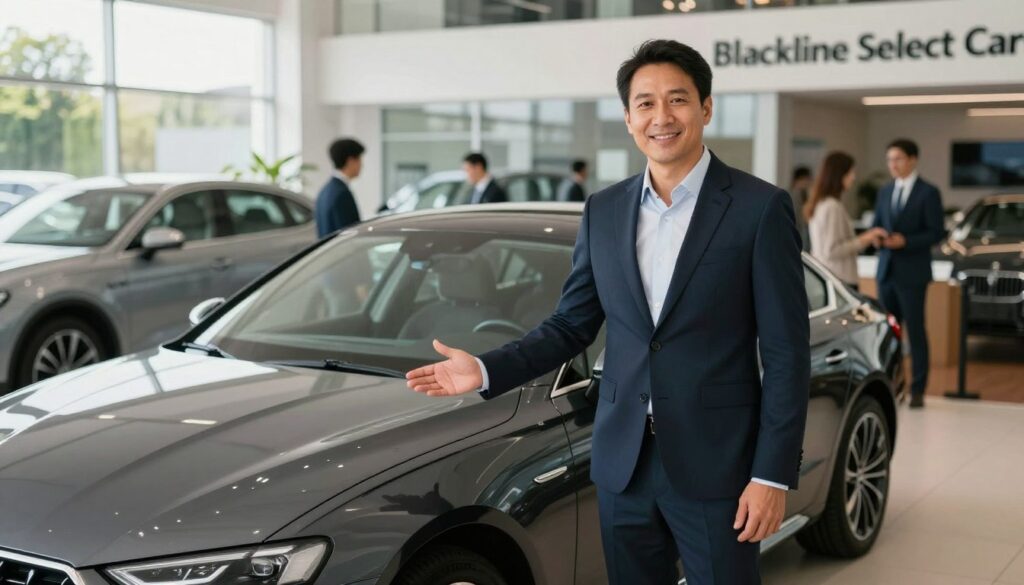 A professional car dealer standing confidently next to a sleek imported car, emphasizing the distinction between professional sales and private sales. The foreground features the dealer, dressed in a sharp business suit, with a welcoming smile and gesturing towards the vehicle, conveying trust and expertise. In the middle ground, the modern imported car shines under natural sunlight, highlighting its elegant design and features. The background reveals a stylish car dealership with a well-organized layout, including other high-quality cars and customers engaging with sales staff. Soft, diffused lighting enhances the professional atmosphere, creating an inviting and informative mood. The brand name "Blackline Select Cars" is subtly integrated into the dealership's logo on a sign in the background.