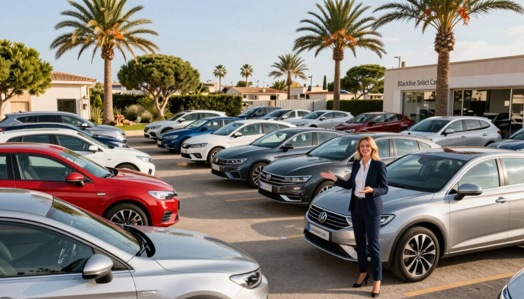 A professional car dealership in Mallorca featuring a diverse selection of certified used cars, showcasing models like sedans and SUVs in a bright, sunlit outdoor lot. In the foreground, a friendly sales representative in smart business attire stands beside a well-maintained car, gesturing invitingly towards the vehicles. The middle ground highlights a variety of cars parked neatly, with vibrant colors reflecting the Mediterranean sunlight. In the background, lush palm trees and a clear blue sky create a relaxed, welcoming atmosphere typical of Mallorca. The scene is shot from a slightly elevated angle to capture depth, with warm lighting enhancing the inviting feel of the setting. The dealership brand "Blackline Select Cars" is subtly implied with branding on the depiction of the cars, ensuring a polished and professional look without any textual overlay.