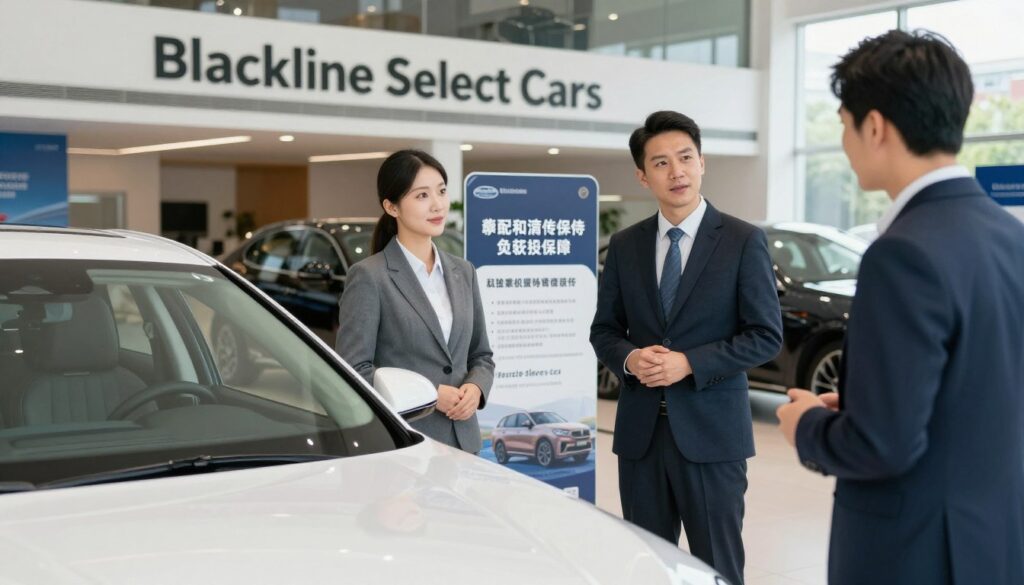 A professional car dealership showroom setting featuring "Blackline Select Cars." In the foreground, a bright and sleek vehicle representing a national model, surrounded by a well-dressed salesperson in business attire engaging with a potential buyer. In the middle ground, modern display boards highlighting service warranties and post-sale support options, illustrating security and investment assurance. The background shows an elegant, well-lit showroom with luxury car displays, emphasizing professionalism and trust. The scene is illuminated by natural light filtering through large windows, creating an inviting atmosphere. Capture a sense of confidence and reassurance in the investment experience, focusing on the theme of guarantees and post-sale service. A professional car dealership showroom setting featuring "Blackline Select Cars." In the foreground, a bright and sleek vehicle representing a national model, surrounded by a well-dressed salesperson in business attire engaging with a potential buyer. In the middle ground, modern display boards highlighting service warranties and post-sale support options, illustrating security and investment assurance. The background shows an elegant, well-lit showroom with luxury car displays, emphasizing professionalism and trust. The scene is illuminated by natural light filtering through large windows, creating an inviting atmosphere. Capture a sense of confidence and reassurance in the investment experience, focusing on the theme of guarantees and post-sale service.