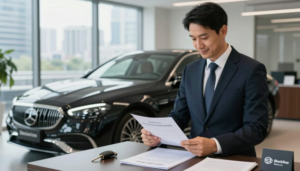 A professional car import agent standing confidently in a sleek, modern office. In the foreground, the agent, dressed in a sharp business suit, is analyzing a car import document with a satisfied expression. In the middle ground, a luxurious imported car is prominently featured, showcasing its elegant design and high-quality finish, alongside various car keys and import paperwork neatly arranged. The background reveals a large window with a view of a bustling cityscape, bathed in soft natural light that enhances the professional atmosphere. Subtle hints of branding include a sophisticated logo for "Blackline Select Cars" displayed on a brochure or business card. The overall mood conveys trust, professionalism, and expertise in the car import industry, helping to emphasize the importance of working with a reliable agent.