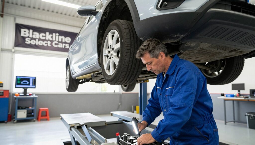 A professional car inspection scene focused on a second-hand vehicle in a bright, well-lit garage. In the foreground, a middle-aged mechanic, dressed in a blue jumpsuit, is examining the car's engine with a flashlight, showcasing attention to detail. In the middle, the car is lifted on a hydraulic platform, surrounded by various tools and inspection equipment. The background features a clean workshop with diagnostic screens displaying vehicle information, and a large banner on the wall reading "Blackline Select Cars". The mood is focused and meticulous, illustrating trust and expertise in the second-hand car inspection process, emphasizing over 200 control points. The angle is slightly low, providing a dynamic view of the inspection process, bathed in natural light from overhead lamps.