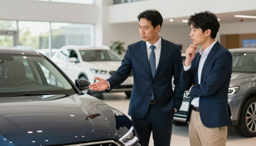 A professional car salesman in a well-tailored navy suit stands confidently in a bright, welcoming car dealership. He gestures towards a sparkling used car, showcasing its excellent condition, while a thoughtful customer in smart casual attire examines the vehicle, looking impressed. The dealership features a clean, modern interior with a variety of other cars artfully displayed in the background, under soft, diffused lighting that creates a warm atmosphere. Sunlight streams through large windows, illuminating the scene, highlighting the trust and professionalism exuded by the salesman from Blackline Select Cars. The image conveys a sense of reliability and credibility, emphasizing the importance of choosing a trustworthy vendor when purchasing a used car. A professional car salesman in a well-tailored navy suit stands confidently in a bright, welcoming car dealership. He gestures towards a sparkling used car, showcasing its excellent condition, while a thoughtful customer in smart casual attire examines the vehicle, looking impressed. The dealership features a clean, modern interior with a variety of other cars artfully displayed in the background, under soft, diffused lighting that creates a warm atmosphere. Sunlight streams through large windows, illuminating the scene, highlighting the trust and professionalism exuded by the salesman from Blackline Select Cars. The image conveys a sense of reliability and credibility, emphasizing the importance of choosing a trustworthy vendor when purchasing a used car.