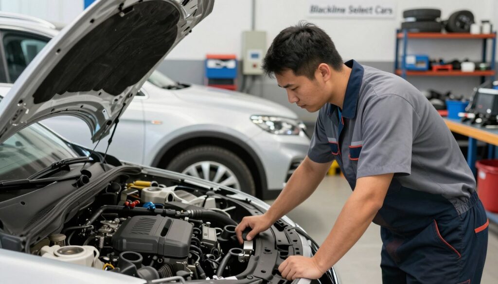 A professional car workshop scene featuring a mechanic inspecting a used car. In the foreground, a focused technician in a clean, professional uniform is examining the vehicle's engine, with tools neatly arranged nearby. The middle ground showcases the used car, highlighting its features like the bodywork and tires with a slight sheen under bright, natural lighting. The background features a well-organized workshop environment with car parts, tools on shelves, and equipment enhancing the sense of a busy yet orderly place. The mood conveys expertise and trust, promoting the idea of a thorough professional assessment. A subtle sign in the workshop indicating "Blackline Select Cars" is visible but does not overwhelm the scene. The angle captures the mechanic's concentration and the car’s details effectively. A professional car workshop scene featuring a mechanic inspecting a used car. In the foreground, a focused technician in a clean, professional uniform is examining the vehicle's engine, with tools neatly arranged nearby. The middle ground showcases the used car, highlighting its features like the bodywork and tires with a slight sheen under bright, natural lighting. The background features a well-organized workshop environment with car parts, tools on shelves, and equipment enhancing the sense of a busy yet orderly place. The mood conveys expertise and trust, promoting the idea of a thorough professional assessment. A subtle sign in the workshop indicating "Blackline Select Cars" is visible but does not overwhelm the scene. The angle captures the mechanic's concentration and the car’s details effectively.