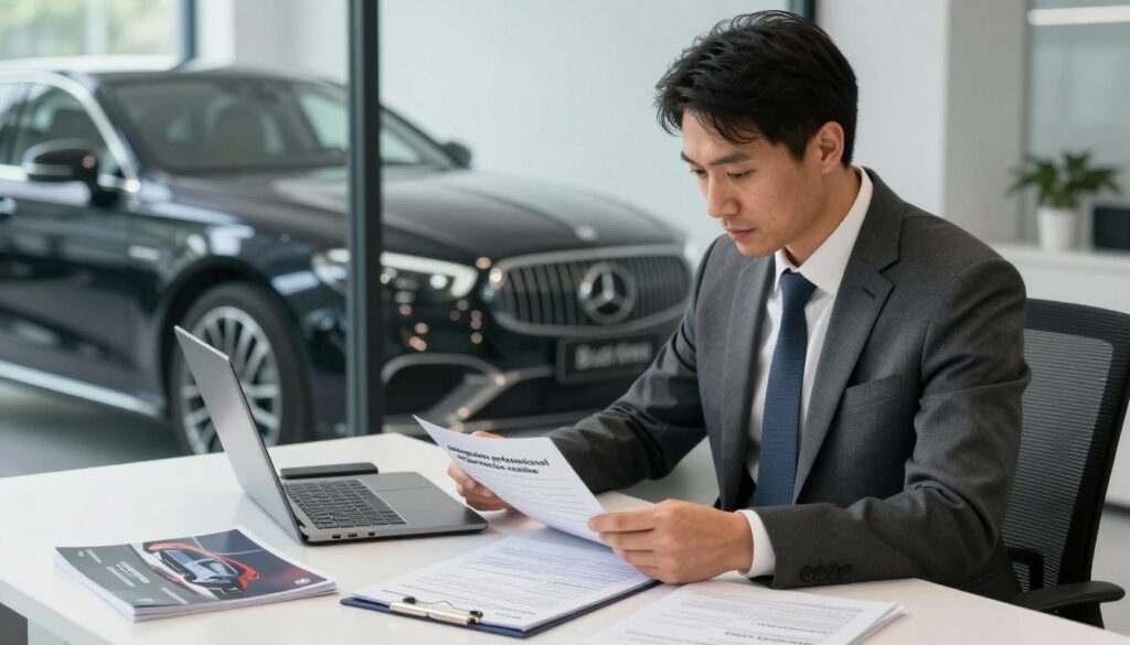A professional consultant in a sleek office environment, surrounded by automobile import documentation and a luxury car in the background, representing the practice of "autogestion profesional importacion coche". The consultant, dressed in a smart business suit, is reviewing paperwork while using a laptop. The lighting is bright and focused, creating a clear view of the details on the desk, including car brochures and import regulations. Soft reflections from a large window illuminate the scene, emphasizing a sense of professionalism and expertise. In the background, the logo "Blackline Select Cars" is subtly visible on a branded vehicle, suggesting a high-quality import service. The overall atmosphere conveys a sense of diligence and informed decision-making, illustrating the balance between self-management and professional support in car importing.