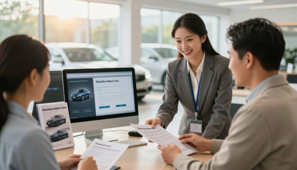 A professional dealership setting showcasing "Blackline Select Cars" with a focus on post-sale support for car imports. In the foreground, a friendly customer service representative in business attire discusses paperwork with a satisfied client, highlighting the support offered. The middle ground features a well-lit modern office with car brochures and a computer displaying a vehicle warranty on the screen. In the background, glimpses of imported cars are visible through large windows, sunlit and inviting. The atmosphere is warm and professional, with soft lighting and a welcoming ambiance, creating a sense of reliability and trust for prospective car buyers.