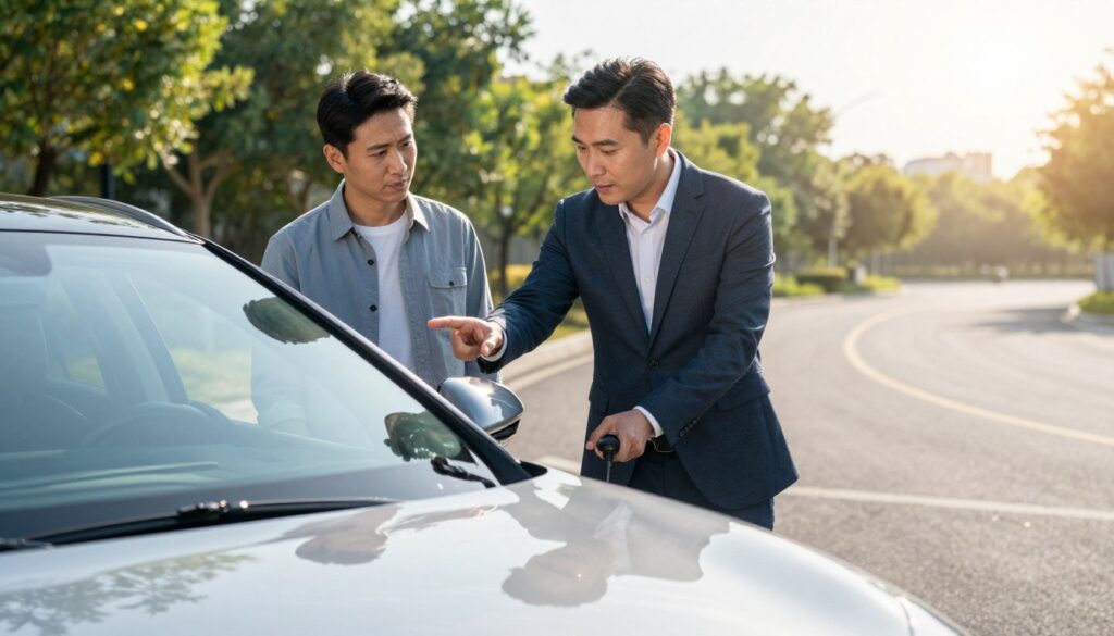 A professional driving instructor and a prospective car buyer are engaged in a realistic test drive of a sleek, modern vehicle from Blackline Select Cars. The foreground captures the car's shiny exterior, emphasizing its glossy surface reflecting sunlight. In the middle ground, the instructor is in a smart business outfit, gesturing to control features while the buyer, dressed in casual but professional clothing, listens attentively. The background features a scenic, tree-lined road. Bright, natural lighting illuminates the scene, creating a warm, inviting atmosphere. The image should showcase the experience of a thorough test drive, conveying both excitement and professionalism, with a focus on the car's design and features.